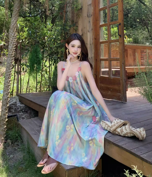 Vintage Floral Spaghetti Strap Design Elegant Beach Holiday A-Line Sleeveless Summer Dress DP6263