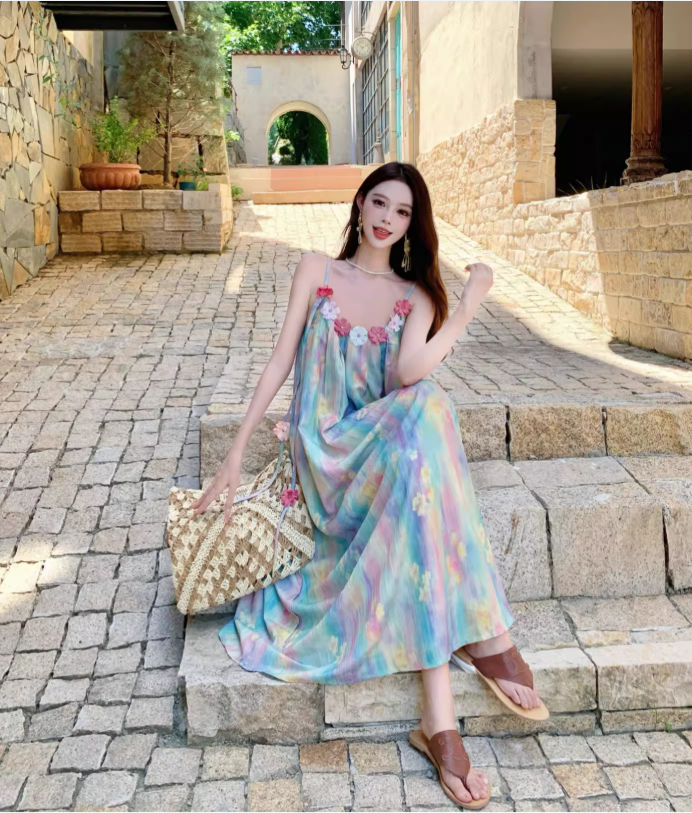 Elegantes ärmelloses Sommerkleid mit Spaghettiträgern im Vintage-Stil mit Blumenmuster für den Strandurlaub, A-Linie, DP6263