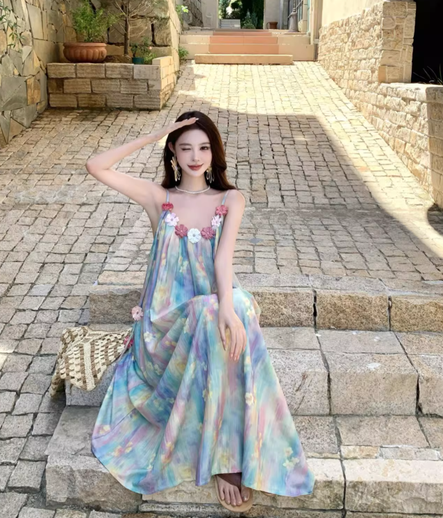 Elegantes ärmelloses Sommerkleid mit Spaghettiträgern im Vintage-Stil mit Blumenmuster für den Strandurlaub, A-Linie, DP6263