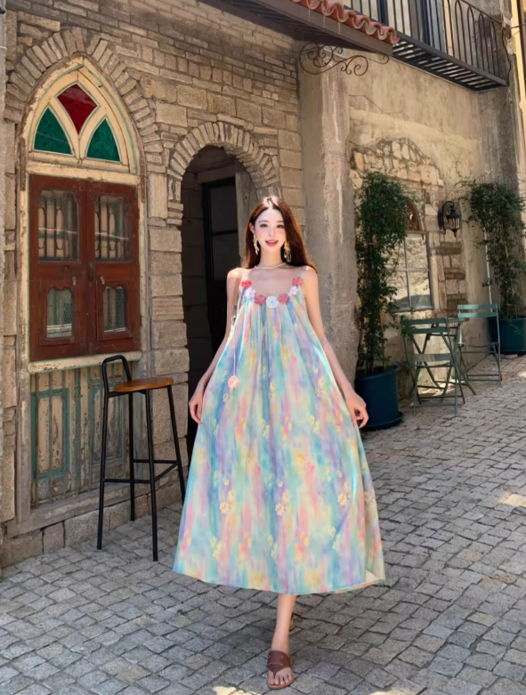 Elegantes ärmelloses Sommerkleid mit Spaghettiträgern im Vintage-Stil mit Blumenmuster für den Strandurlaub, A-Linie, DP6263