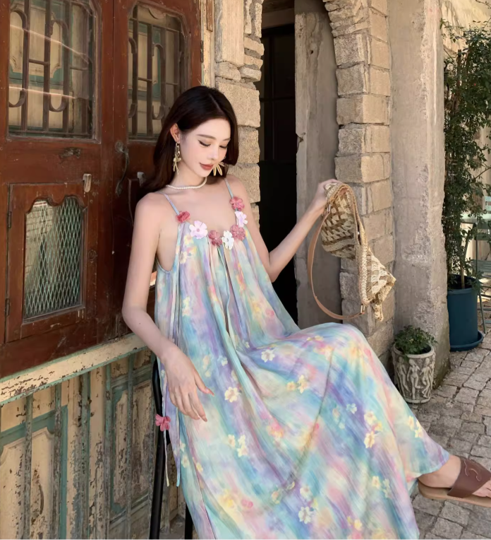Elegantes ärmelloses Sommerkleid mit Spaghettiträgern im Vintage-Stil mit Blumenmuster für den Strandurlaub, A-Linie, DP6263