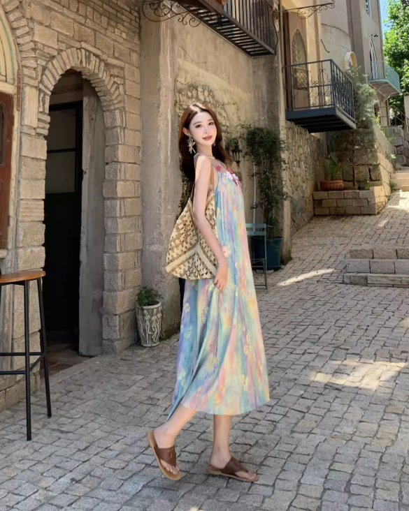 Elegantes ärmelloses Sommerkleid mit Spaghettiträgern im Vintage-Stil mit Blumenmuster für den Strandurlaub, A-Linie, DP6263