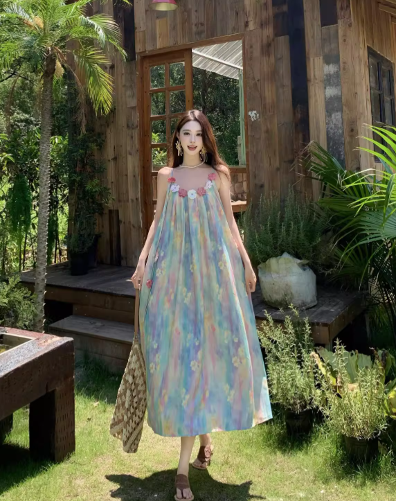 Elegantes ärmelloses Sommerkleid mit Spaghettiträgern im Vintage-Stil mit Blumenmuster für den Strandurlaub, A-Linie, DP6263