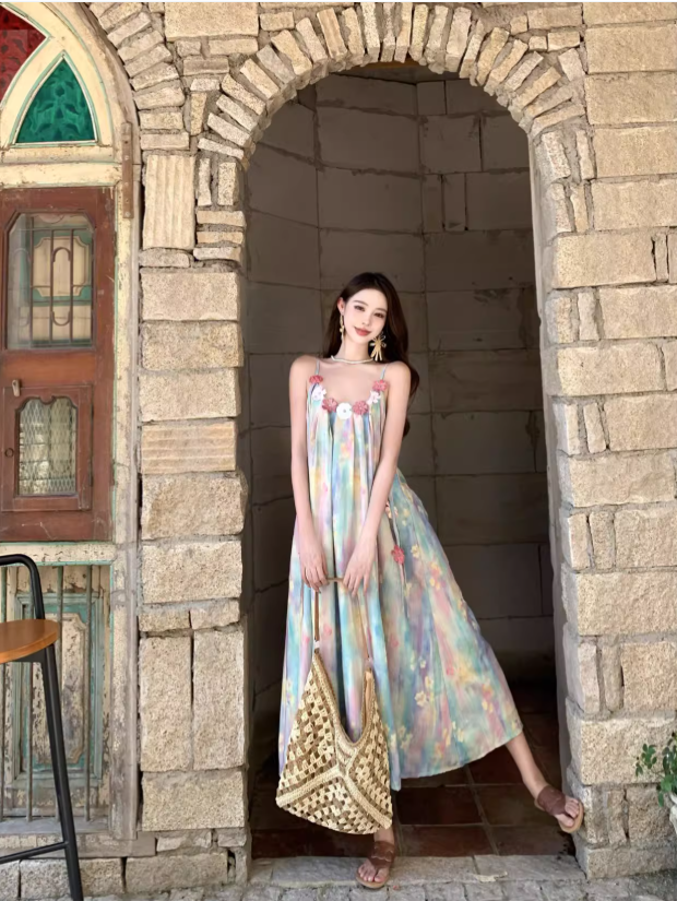 Elegantes ärmelloses Sommerkleid mit Spaghettiträgern im Vintage-Stil mit Blumenmuster für den Strandurlaub, A-Linie, DP6263