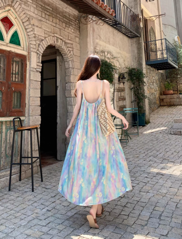Elegantes ärmelloses Sommerkleid mit Spaghettiträgern im Vintage-Stil mit Blumenmuster für den Strandurlaub, A-Linie, DP6263