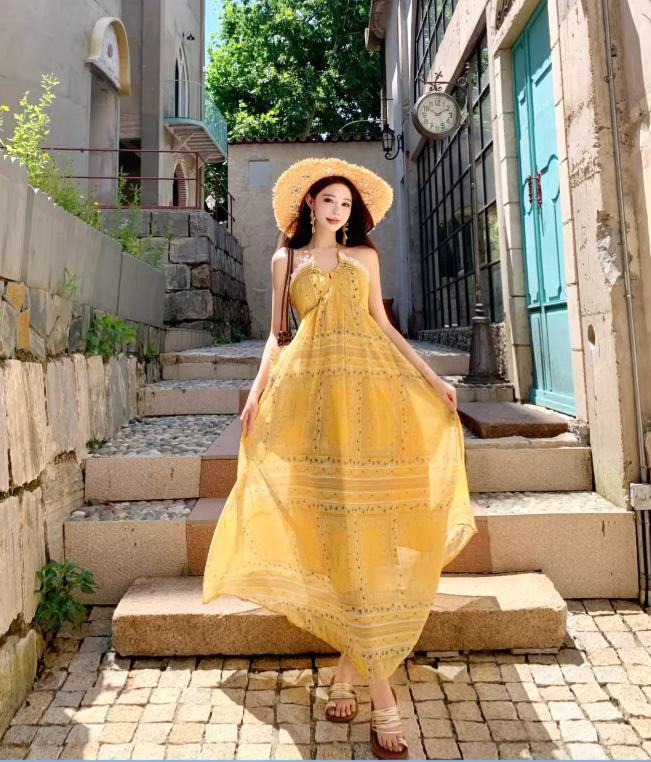 Vintage Gelb Bohemian Stil Design Elegante Strand Urlaub A-Linie Ärmelloses Neckholder Kleid DP6261