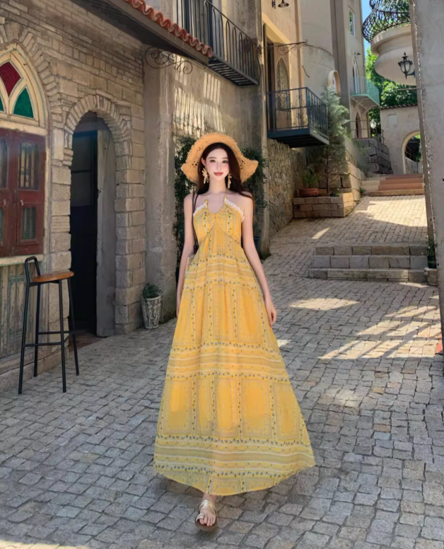 Vintage Gelb Bohemian Stil Design Elegante Strand Urlaub A-Linie Ärmelloses Neckholder Kleid DP6261