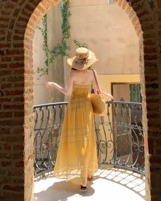 Vintage Gelb Bohemian Stil Design Elegante Strand Urlaub A-Linie Ärmelloses Neckholder Kleid DP6261