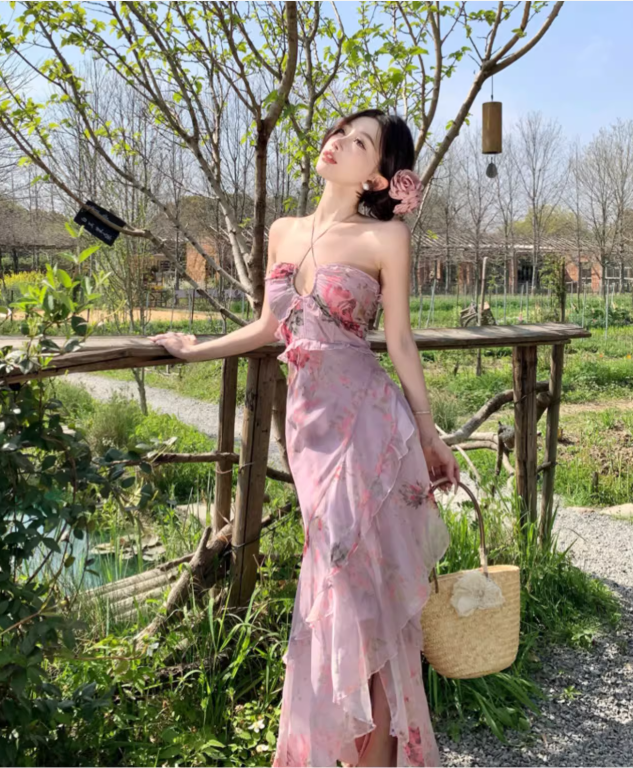 Vintage Rosa Blumen Unregelmäßiger Saum Design Elegantes Strandurlaub A-Linie Ärmelloses Neckholderkleid DP6260