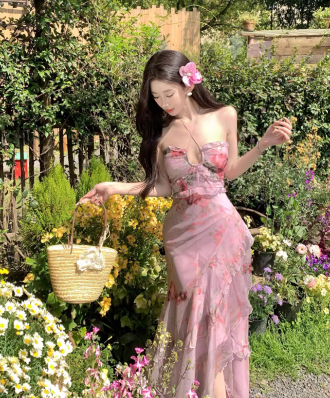 Vintage Rosa Blumen Unregelmäßiger Saum Design Elegantes Strandurlaub A-Linie Ärmelloses Neckholderkleid DP6260