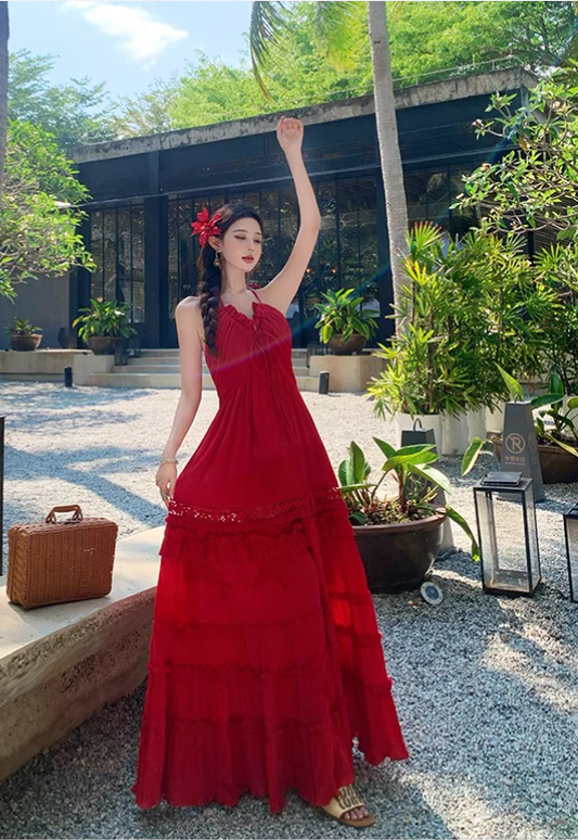 Vintage Burgundy V-neck Design Elegant Beach Holiday A-Line Sleeveless Halter Dress DP6259