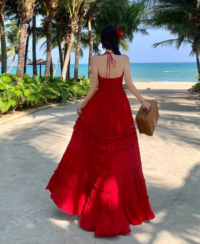 Vintage Burgundy V-neck Design Elegant Beach Holiday A-Line Sleeveless Halter Dress DP6259