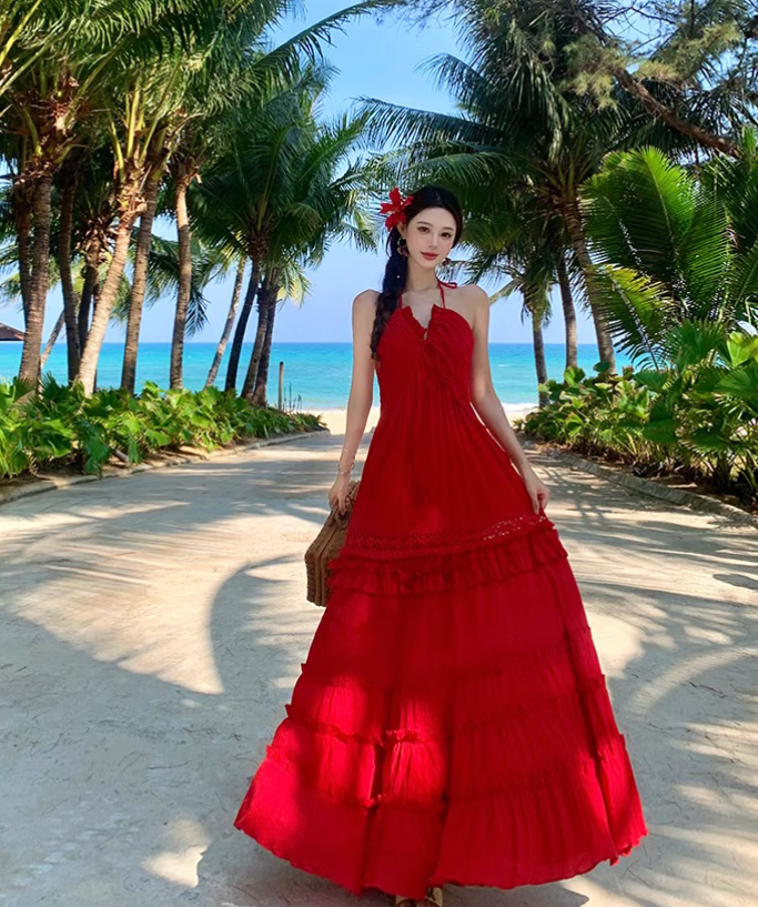 Vintage Burgundy V-neck Design Elegant Beach Holiday A-Line Sleeveless Halter Dress DP6259