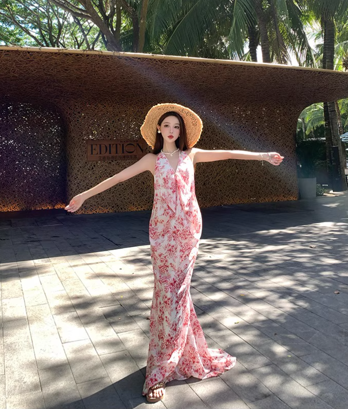 Vintage Pink Floral V-neck Design Elegant Beach Holiday Mermaid Sleeveless Halter Dress DP6258