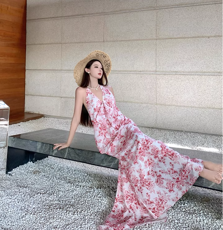 Vintage Pink Floral V-neck Design Elegant Beach Holiday Mermaid Sleeveless Halter Dress DP6258