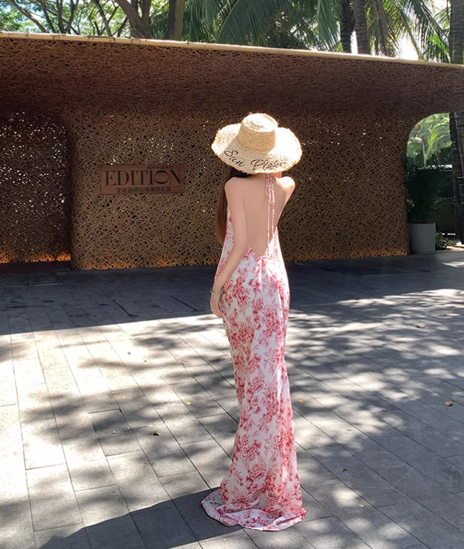 Vintage Pink Floral V-neck Design Elegant Beach Holiday Mermaid Sleeveless Halter Dress DP6258