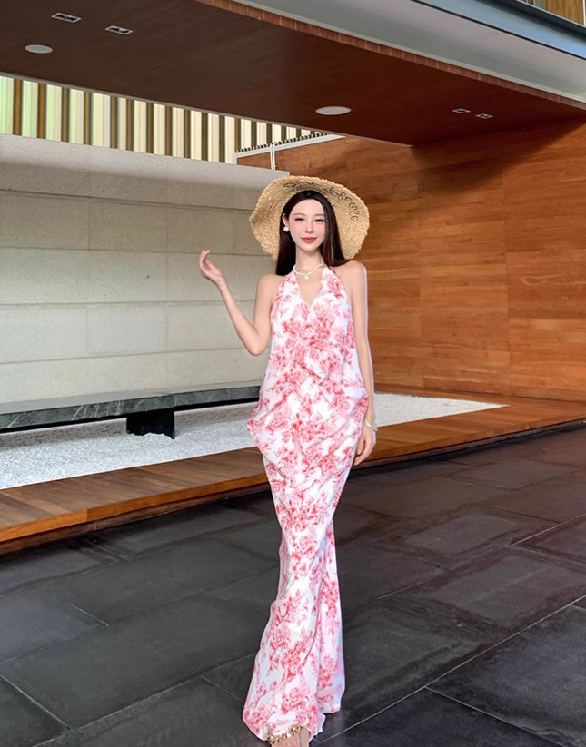 Vintage Pink Floral V-neck Design Elegant Beach Holiday Mermaid Sleeveless Halter Dress DP6258