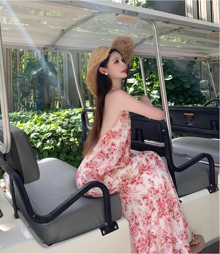 Vintage Pink Floral V-neck Design Elegant Beach Holiday Mermaid Sleeveless Halter Dress DP6258