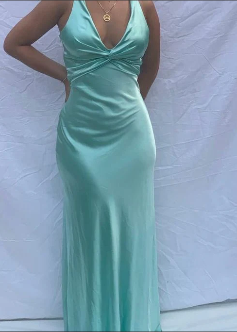 Vintage Satin V-Ausschnitt Ballkleid Langes Abendkleid Etuikleid Rückenfrei Formales Kleid, DP6576