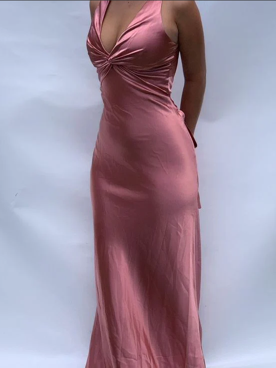 Vintage Satin V-Ausschnitt Ballkleid Langes Abendkleid Etuikleid Rückenfrei Formales Kleid, DP6576