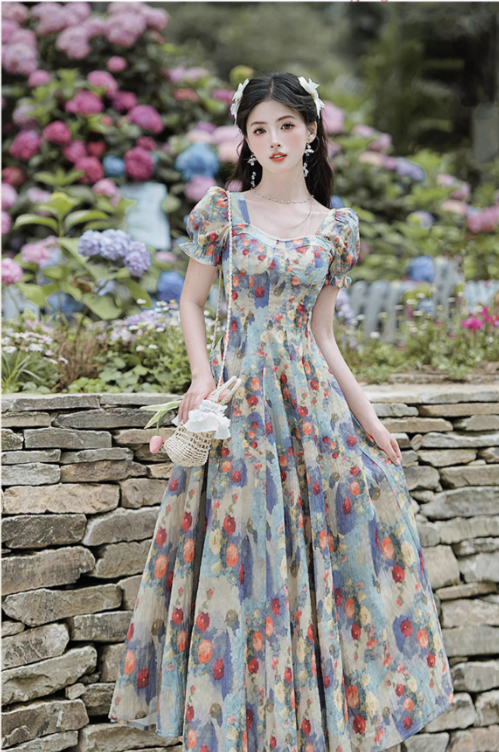 Vintage Floral A-Line Prom Dress Short-sleeve Evening Dress Long Formal Dress DP6700