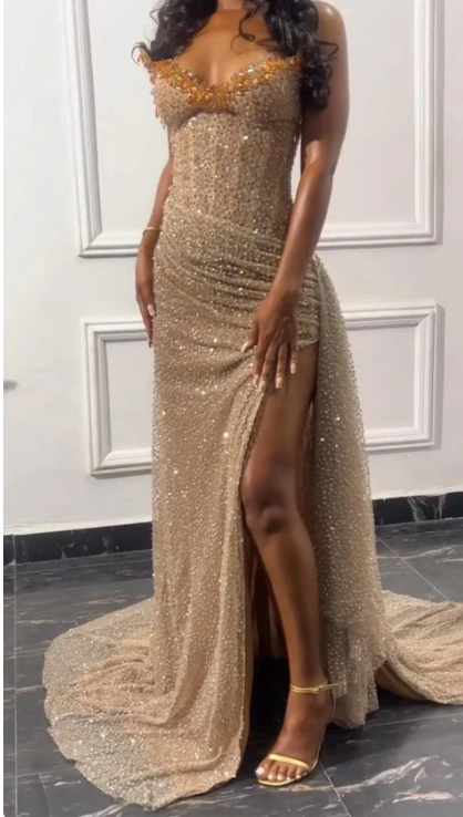 Elegant Champagne Strapless Prom Dress Sheath Beaded Strapless High Slit Evening Gown Long Party Dress Formal Dress DP6717