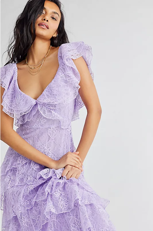 Robe de bal élégante lilas à col en V, robe de soirée fourreau en dentelle, robe de soirée longue à volants, robe formelle DP6725