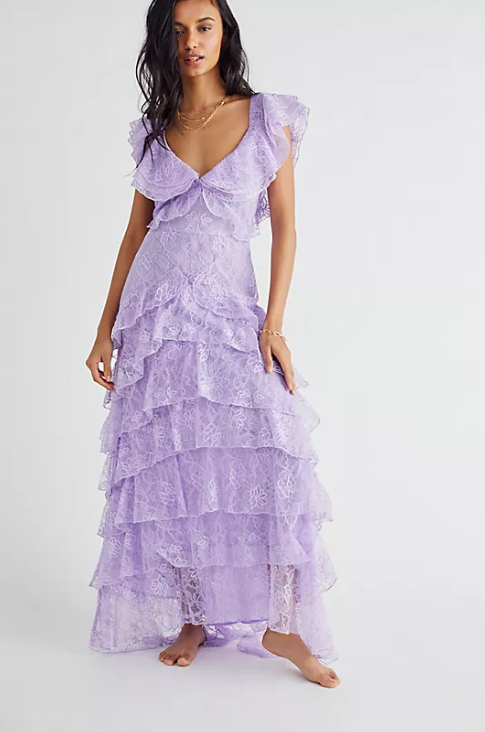 Robe de bal élégante lilas à col en V, robe de soirée fourreau en dentelle, robe de soirée longue à volants, robe formelle DP6725