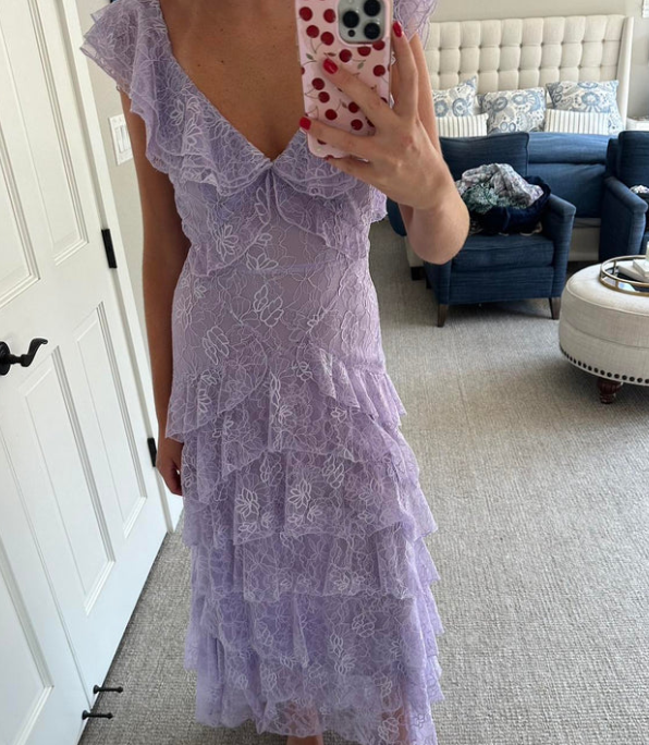 Robe de bal élégante lilas à col en V, robe de soirée fourreau en dentelle, robe de soirée longue à volants, robe formelle DP6725