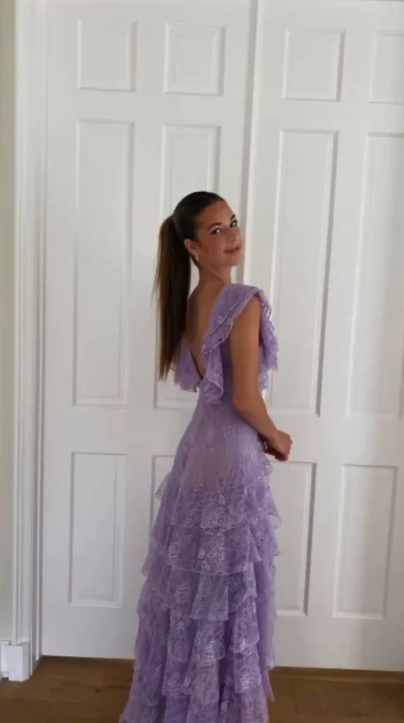 Robe de bal élégante lilas à col en V, robe de soirée fourreau en dentelle, robe de soirée longue à volants, robe formelle DP6725