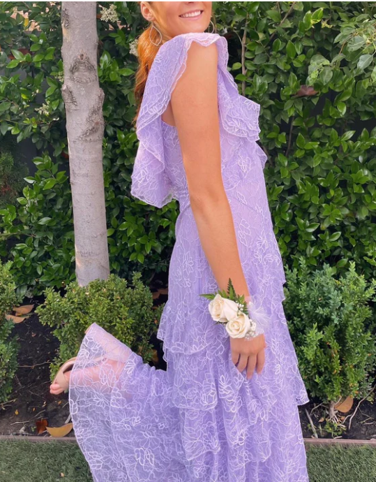 Robe de bal élégante lilas à col en V, robe de soirée fourreau en dentelle, robe de soirée longue à volants, robe formelle DP6725