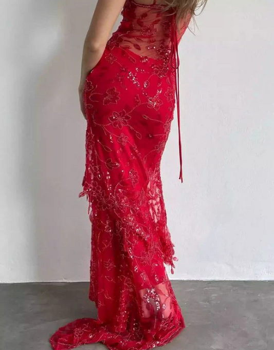 Elegant Red Lace Prom Dress Sequin Sheath Evening Gown Long Party Dress Spaghetti Strap Formal Dress DP6726