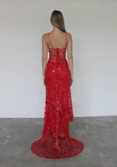 Elegantes rotes Spitzen-Ballkleid mit Pailletten, Etuikleid, langes Partykleid, Spaghettiträger, formelles Kleid, DP6726