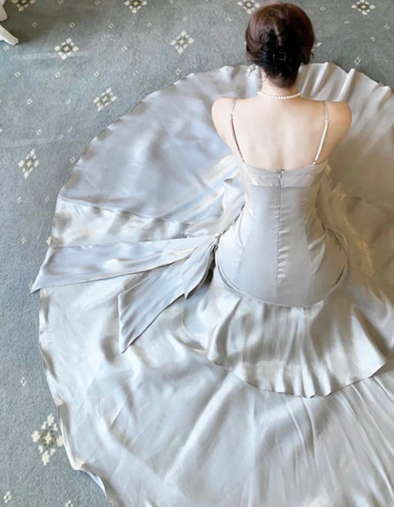 Elegant Gray Satin Prom Dress Mermaid Evening Gown Long Party Dress Spaghetti Strap Formal Dress DP6727