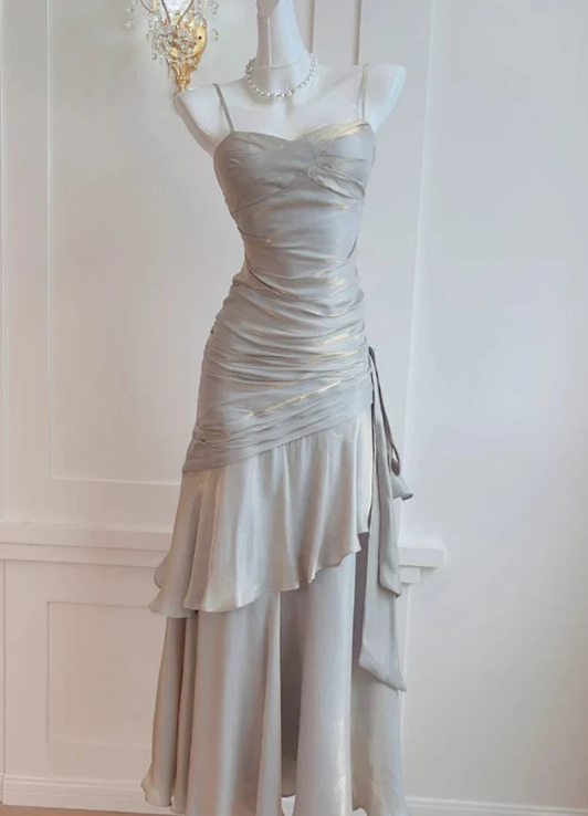 Elegant Gray Satin Prom Dress Mermaid Evening Gown Long Party Dress Spaghetti Strap Formal Dress DP6727