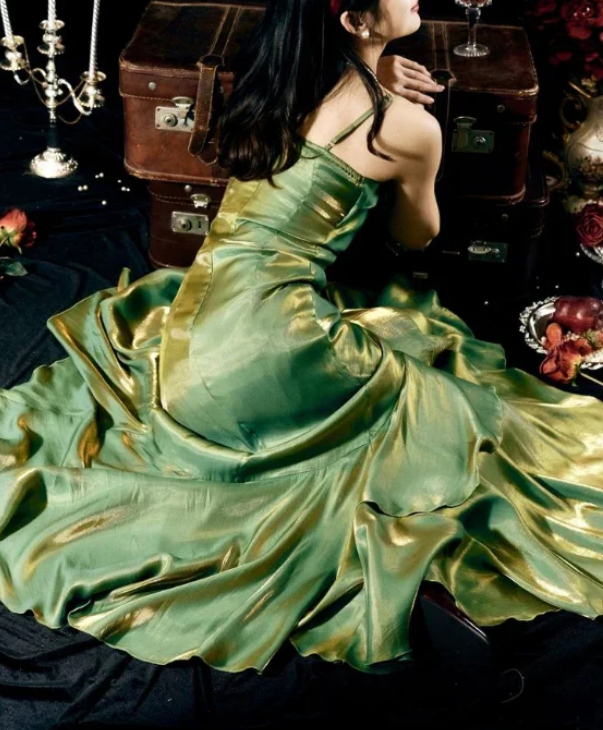 Elegant 3D Flower Satin Prom Dress Mermaid Evening Gown Party Dress Spaghetti Strap Formal Dress DP6729