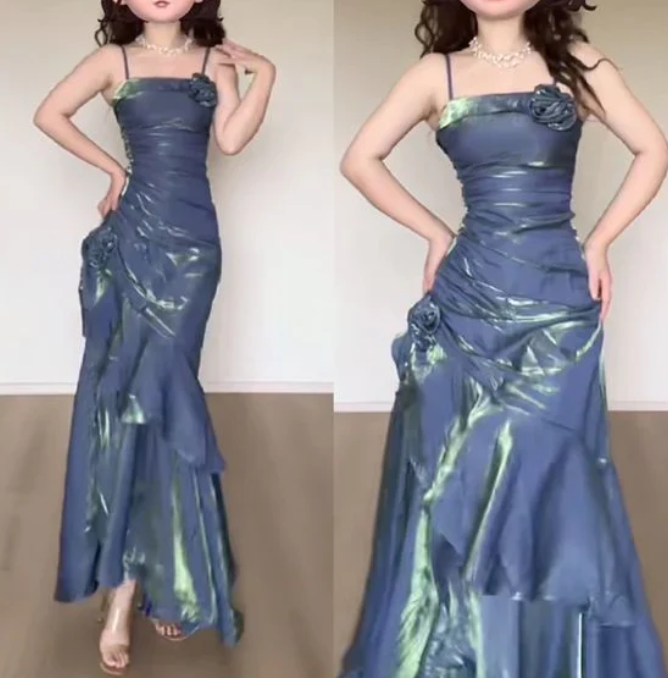Elegant 3D Flower Satin Prom Dress Mermaid Evening Gown Party Dress Spaghetti Strap Formal Dress DP6729
