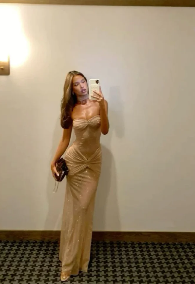 Elegant Shiny Champagne Sweetheart Prom Dress Sheath Strapless Evening Gown Party Dress Long Formal Dress DP6734