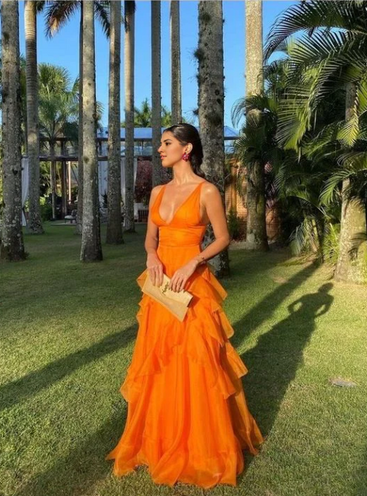 Elegant Orange V-neck Prom Dress A-Line Ruffles Evening Gown Chiffon Party Dress Wedding Guest Dress Long Formal Dress DP6736