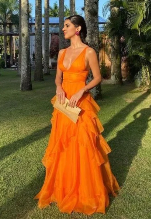 Elegant Orange V-neck Prom Dress A-Line Ruffles Evening Gown Chiffon Party Dress Wedding Guest Dress Long Formal Dress DP6736