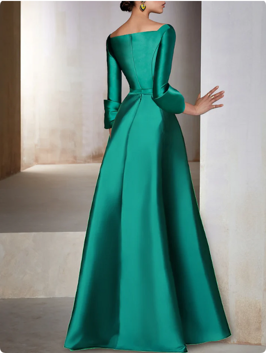 Elegant Satin Long-sleeve Prom Dress A-Line Evening Gown High Slit Party Dress Long Formal Dress DP6742