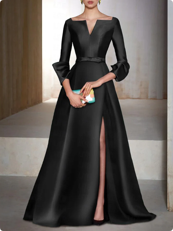 Elegant Satin Long-sleeve Prom Dress A-Line Evening Gown High Slit Party Dress Long Formal Dress DP6742