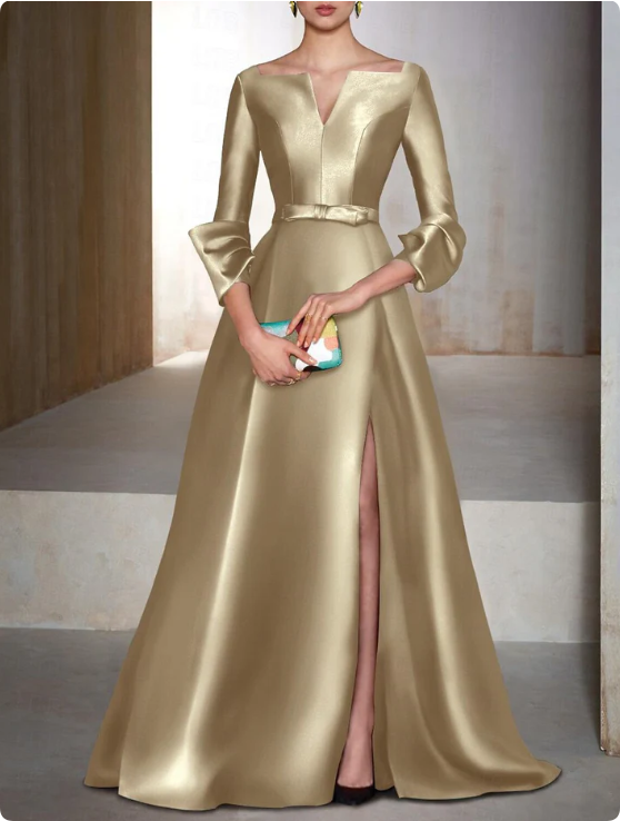 Elegant Satin Long-sleeve Prom Dress A-Line Evening Gown High Slit Party Dress Long Formal Dress DP6742