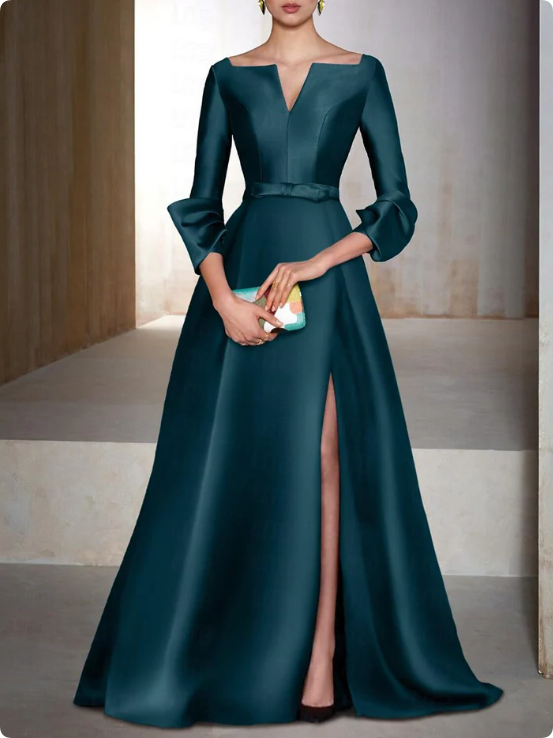 Elegant Satin Long-sleeve Prom Dress A-Line Evening Gown High Slit Party Dress Long Formal Dress DP6742