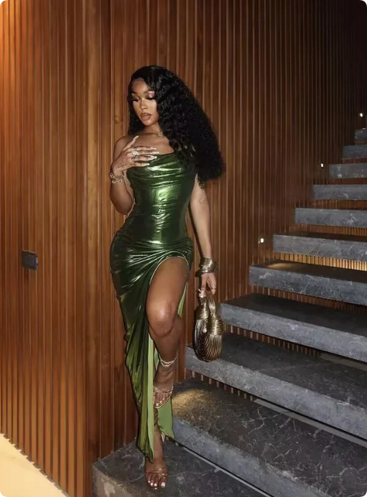 Elegant Green Spaghetti Strap Prom Dress Sheath Evening Gown High Slit Party Dress Long Formal Dress DP6743