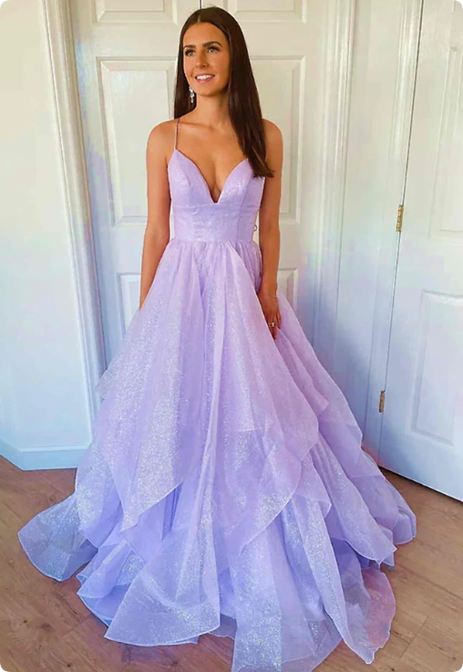 Vintage Lilac Glittering Tiered Spaghetti Strap Sweet 16 Quinceanera A-Line Floor-length Prom Dress Birthday Dress Evening Dress Ball Gown DP6744