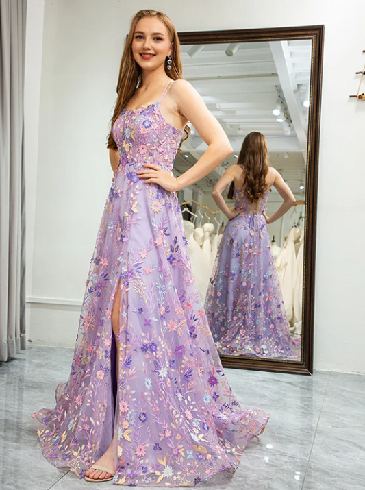 Elegant Floral Spaghetti Strap Prom Dress A-Line Applique Evening Gown High Slit Party Dress Long Formal Dress DP6750