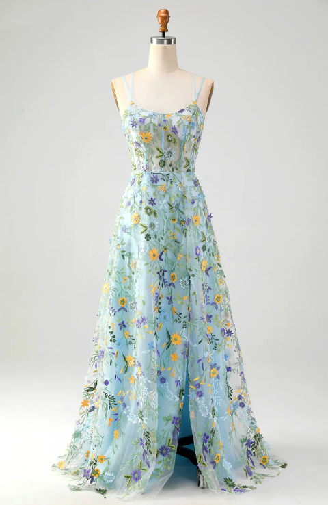 Elegant Floral Spaghetti Strap Prom Dress Sheath Applique Evening Gown High Slit Party Dress Long Formal Dress DP6750