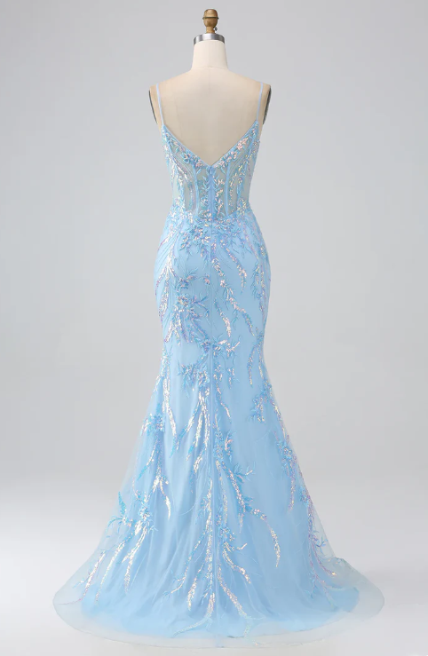 Elegant Light Blue Sequin Prom Dress Sheath V-neck Evening Gown Spaghetti Strap Party Dress Long Formal Dress DP6753