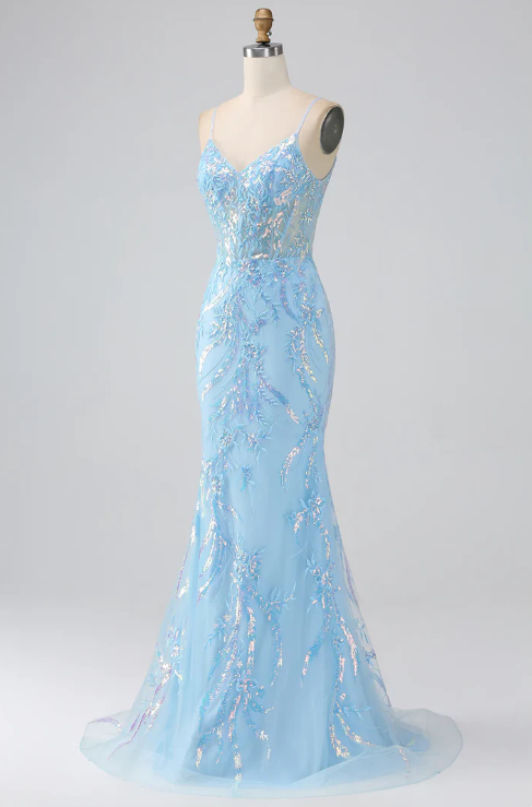 Elegant Light Blue Sequin Prom Dress Sheath V-neck Evening Gown Spaghetti Strap Party Dress Long Formal Dress DP6753